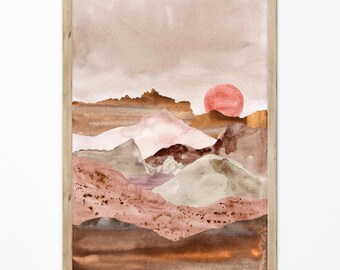 Obra de arte del desierto de arena, pintura de acuarela minimalista, arte de pared de paisaje de montañas, impresión de naturaleza beige neutra abstracta, póster estético marrón