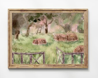 Pintura de acuarela de paisaje de pueblo de heno rural, campo de primavera, naturaleza verde, arte de pared, decoración cottagecore, impresión rústica de cocina de granja de prado
