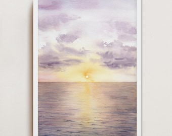Pintura de acuarela con arte mural costero de cielo violeta, impresión de paisaje de playa oceánica, póster de nubes moradas, mar rosa claro, puesta de sol, decoración de casa playera