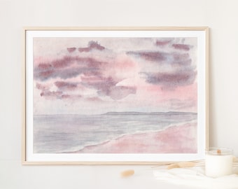 Pintura de acuarela con arte mural costero de cielo violeta, impresión de paisaje de playa oceánica, póster de nubes moradas, mar rosa claro, puesta de sol playera, decoración de amanecer