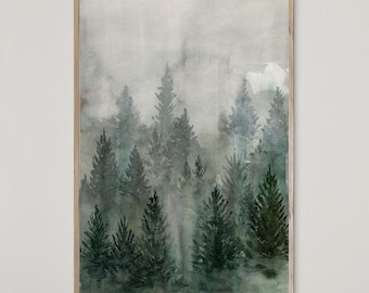 Impresión de acuarela de bosque brumoso. Póster de paisaje natural de montañas brumosas. Cuadro de madera de pino con arte mural de color verde salvia. Decoración minimalista moderna para el hogar