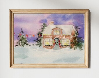 Pintura de acuarela de una casa navideña de invierno. Bosque mágico de nieve con pinos. Decoración violeta de hadas para un feliz año nuevo. Arte para una acogedora sala de estar nevada.