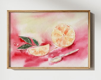 Pintura de acuarela de fruta naranja, impresión giclée vintage de cítricos brillantes, decoración rústica natural de estilo cottagecore, acuarela de restaurante de comida fresca