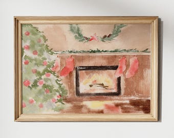 Pintura de acuarela de chimenea Feliz Navidad impresión giclée vintage Decoración acogedora para el hogar con chimenea Árbol de Navidad nevado Regalos únicos para la casa de vacaciones