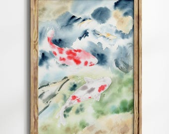 Pintura de acuarela de carpas japonesas, obra de arte de peces de río, mundo submarino, acuarela, dibujo japonés colorido, póster de estanque Japandi, arte de pared