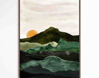 Arte de pared de paisaje de montaña minimalista, pintura de acuarela de bosque abstracto, impresión japonesa de atardecer, póster Zen Japandi de 24 x 36, decoración sobre la cama