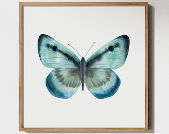 Watercolor blue butterfly print Butterflies wings poster Tropical insect moths painting Realistic colorful artwork Exotic wall art decor