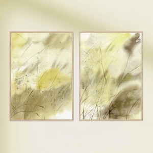 Feld Gras Aquarell Malerei Salbei grün 2-teilige Wandkunst Botanik Pflanzen Blumen Dekor Wiese botanische Aquarell Natur frische Kräuter Kunstwerk