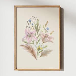 Impression d'art mural botanique, peinture à l'aquarelle de lys, affiche du marché aux fleurs de lys blanc, dessin élégant de bouquet d'herbe de la pampa rose clair et beige