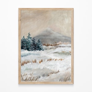 Impresión de acuarela de bosque invernal. Póster de paisaje natural de montañas nevadas. Arte mural navideño con árboles de hoja perenne. Decoración para el salón.