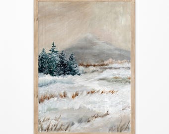 Impresión de acuarela de bosque invernal. Póster de paisaje natural de montañas nevadas. Arte mural navideño con árboles de hoja perenne. Decoración para el salón.
