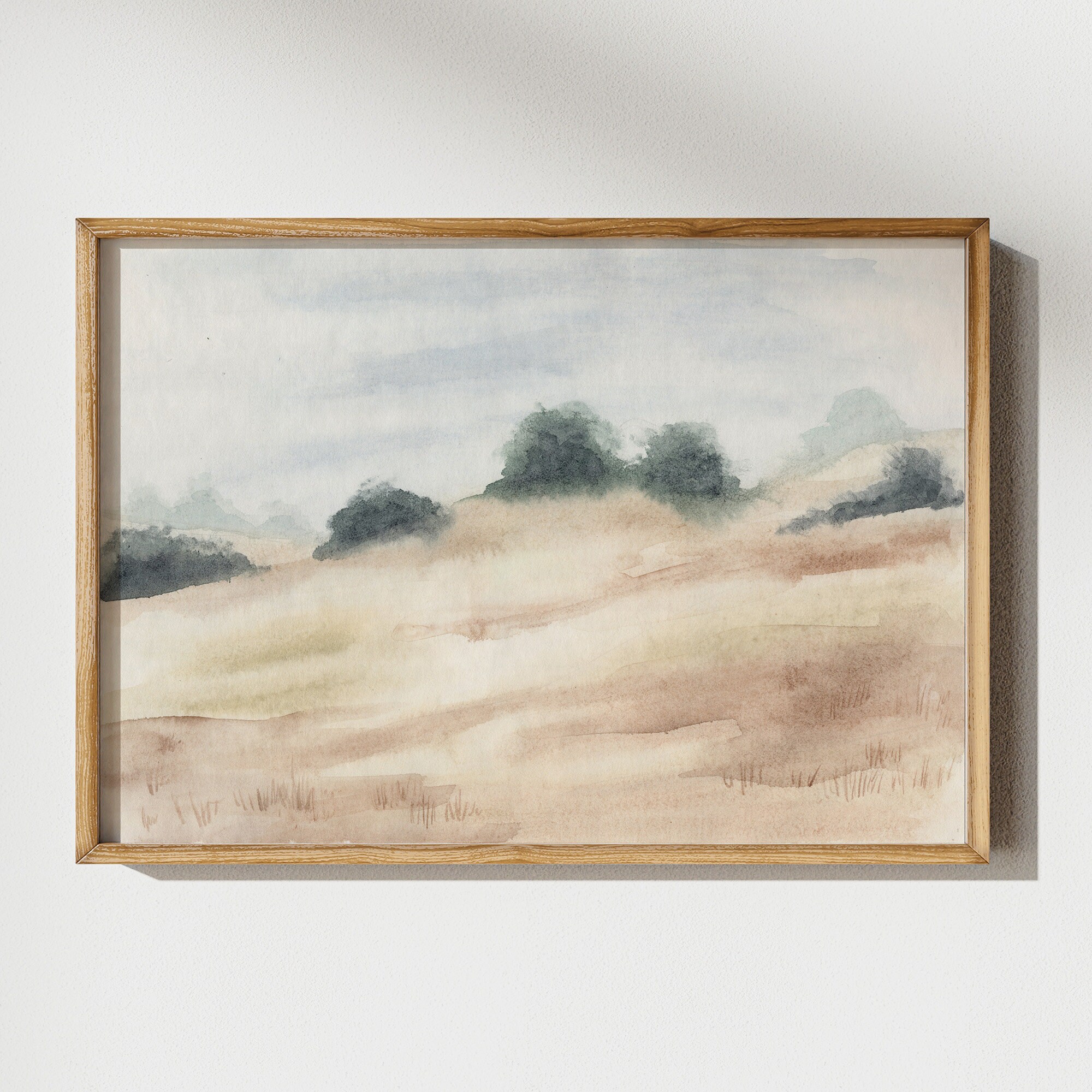 Hill landscape wall art print Field watercolor painting Meadow giclee poster Simple nature artwork Neutral beige forest Cottagecore decor