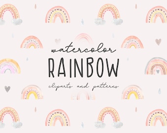 Imágenes prediseñadas del arco iris de acuarela. Lindas ilustraciones pintadas a mano, papel digital. Arcoiris para el diseño de la habitación del bebé. Patrón sin costuras para fondos de pantalla.