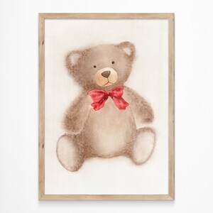 Impresiones de acuarela de animales, póster de oso pardo, pintura de juguete de peluche antiguo, arte de pared para guardería de bebé, decoración de habitación neutra en gris, regalo de embarazo vintage