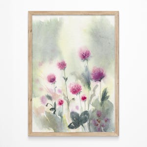 Rote Klee Wiese Aquarell Gemälde Rosa botanische Wandkunst Vintage Druck Rustikales Gartenposter Wildblumen Kunstwerk Geburtstagsgeschenk Freundin Geschenk