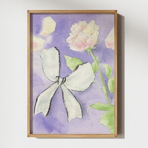 Weiße Rose und blaue Schleife Aquarellmalerei Aquarell botanische Wandkunst Blumenweinlese-Giclee druckt rustikales Plakat kokett Raumdekorgeschenk