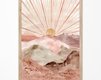 Obra de arte del desierto de arena, pintura de acuarela minimalista, arte de pared de paisaje de montañas, impresión de naturaleza beige neutra abstracta, póster estético marrón