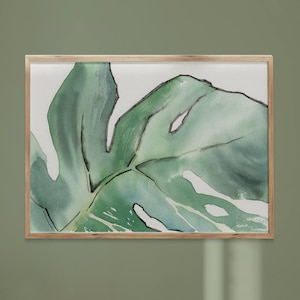 Tropische Blätter Aquarellmalerei Exotische botanische salbeigrüne Wandkunst Blumenästhetisches Raumdekor Neutrales Licht Natur minimalistisches Plakat