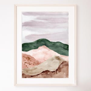 Berge Landschaft Wandkunst Abstrakte Natur Aquarell Malerei Minimalistischer grüner Wald Druck Neutrales beige Natur Wüste ästhetisches Plakat