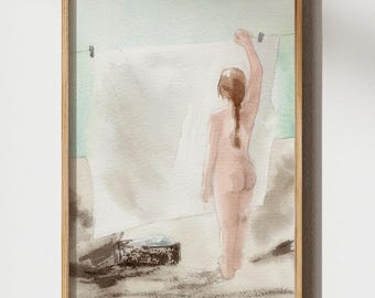 Pintura de acuarela de desnudo femenino Estética de chica limpia Autocuidado Póster de regalo para chica Figura desnuda Decoración de habitación coqueta Arte de pared de baño con cuerpo de mujer