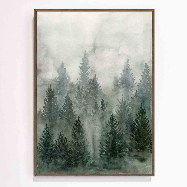 Impression de forêt brumeuse aquarelle. Affiche de paysage naturel de Misty Mountains. Peinture sur bois de pin art mural vert sauge. Décoration d'intérieur moderne et minimaliste