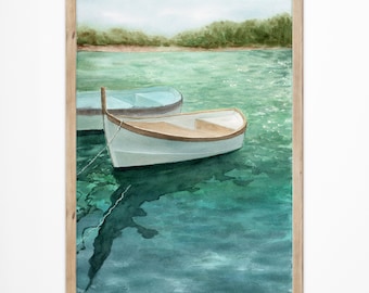 Boot Malerei Strand Wand Kunst See Wand Kunst Aquarell Druck Küsten Wand Kunst Strand Drucke See Haus Dekor Landschaft Kunst Fluss Haus Geschenke