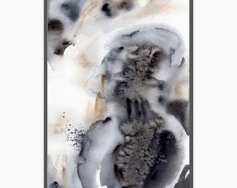 Impresión de arte de pared abstracto minimalista Pintura de acuarela en blanco y negro Póster grande neutro de 24 x 36 Decoración de pared de apartamento de mármol gris sobre la cama