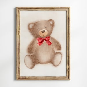 Impresiones de acuarela de animales Póster de oso pardo Pintura de juguete de peluche antiguo Arte de pared de guardería de bebé Regalo de cumpleaños vintage para niño Decoración de habitación neutra