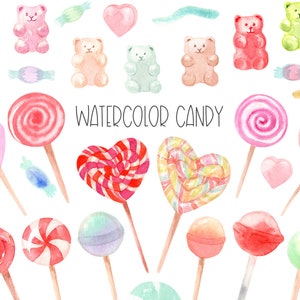 Watercolor candy clipart. Lollipop clipart. Happy Valentine Day. Holiday clip art. Sweet marmalade, gummy bear, cute love heart. Kawaii Png.