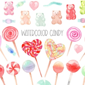 Aquarel snoep clipart. Lolly clipart. Fijne Valentijnsdag. Vakantie illustraties. Zoete marmelade, gummibeer, schattig liefdeshart. Kawaii-png.