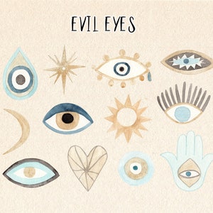 Watercolor evil eye - "Nazar". Turkish eyes mystic clipart. Hand-drawn collection of illustrations with esoteric elements. Mystical clip art