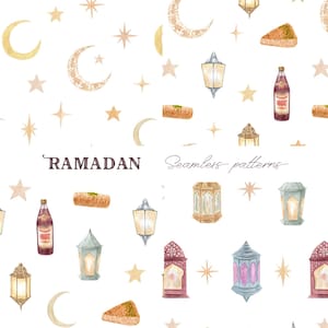 Può includere: Un motivo senza cuciture con illustrazioni ad acquerello di simboli del Ramadan, tra cui lune crescenti, stelle, lanterne e bottiglie di sciroppo. Il motivo è su uno sfondo bianco e include il testo "Ramadan" e "Motivi senza cuciture".