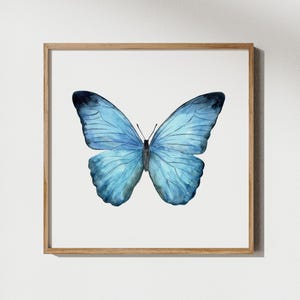 Stampa di farfalle blu ad acquerello. Poster di ali di farfalle. Dipinto di falene di insetti tropicali. Opera d'arte realistica e colorata. Decorazione artistica da parete esotica