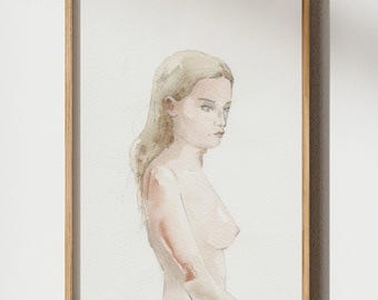 Pintura de acuarela de desnudo femenino Estética de chica limpia Autocuidado Póster de regalo para chica Figura desnuda Decoración de habitación coqueta Arte de pared de baño con cuerpo de mujer