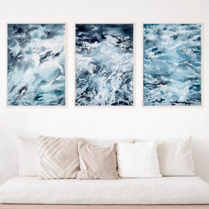 Navy blue ocean watercolor painting Set of 3 piece wall art Coastal aesthetic posters Beachy house decor Nautical abstract sea beach prints