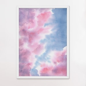 Pink clouds print watercolor painting Blue pastel sky landscape wall art Baby nursery poster Purple fairytale decor Aesthetic girl room