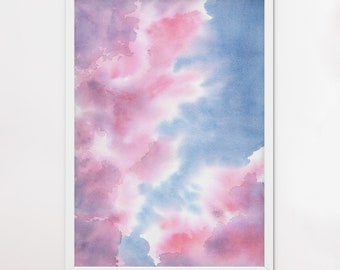 Pink clouds print watercolor painting Blue pastel sky landscape wall art Baby nursery poster Purple fairytale decor Aesthetic girl room