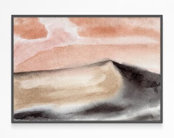 Pintura de acuarela del desierto de arena del Sahara, arte de pared de paisaje abstracto, póster de habitación de apartamento de terracota neutra, decoración, arte en tonos tierra marrón cálidos