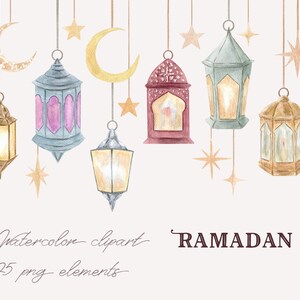 Op de afbeelding: Waterverf clipart van Ramadan-decoraties, waaronder lantaarns, sterren en halve manen. De lantaarns zijn in verschillende kleuren, waaronder goud, blauw, rood en bruin. De sterren zijn goud en de halve manen zijn goud met een witte binnenkant. De tekst "Watercolor clipart" en "25 png elements" is in zwarte cursieve letters onderaan de afbeelding geschreven. De tekst "RAMADAN" is in zwarte cursieve letters rechtsonder in de afbeelding geschreven.