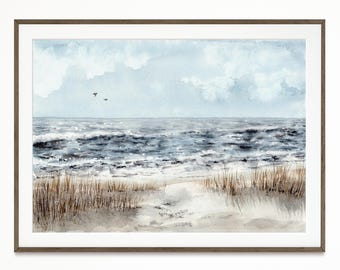 Lámina decorativa de pared con motivos costeros, pintura de acuarela de playa salvaje, póster de paisaje marino en acuarela, paisaje oceánico azul claro, arte marino de alta calidad, decoración de habitación playera.