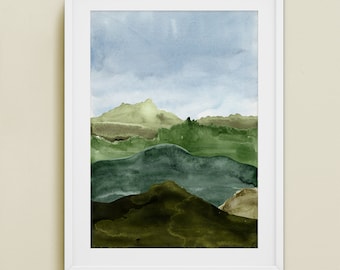 Mountains landscape wall art watercolor painting Abstract blue ridge mountains print Emerald green forest prints Minimalist art 24x36 poster