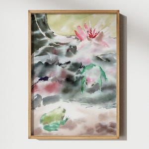 Fluss Frösche Aquarell Malerei Japanischer Teich botanisches Aquarell Einzigartige Lotusblume Rustikale japan Natur Zeichnung Rote Lilie Blumenfeine Kunst