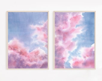 Pintura de nubes rosas, arte de pared, paisaje de cielo azul pastel, impresión de acuarela, póster de guardería para bebé celestial púrpura, decoración de habitación de estética suave para niña