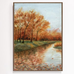 "Aquarell Herbst Landschaftsdruck Herbst goldene Bäume Park See Wand Kunst Ahorn gelbe Blätter Zeichnung Stadt Fluss Malerei Regnerisch Garten Plakat."