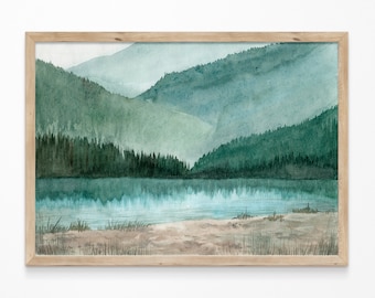 Watercolor lake landscape wall art print Emerald mountains print sage green wall art Evergreen pine tree forest painting Nature north poster