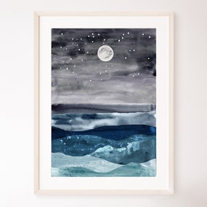 Meereswellen Landschaftswandkunst Küstendruck Aquarellmalerei Abstraktes dunkelmarineblaues Meer Himmlischer Sternennachthimmeldruck Strandwandkunst