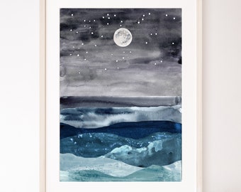 Ocean waves landscape wall art Coastal print watercolor painting Abstract dark navy blue sea Celestial starry night sky print Beach wall art
