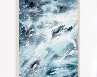 Arte de pared azul marino, impresión oceánica, obra de arte de olas oceánicas, decoración costera playera, pintura de acuarela moderna, póster abstracto náutico, decoración de playa