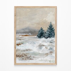 Impresión de acuarela de bosque invernal. Póster de paisaje natural de montañas nevadas. Arte mural navideño con árboles de hoja perenne. Decoración para el salón.