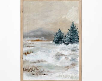 Impresión de acuarela de bosque invernal. Póster de paisaje natural de montañas nevadas. Arte mural navideño con árboles de hoja perenne. Decoración para el salón.